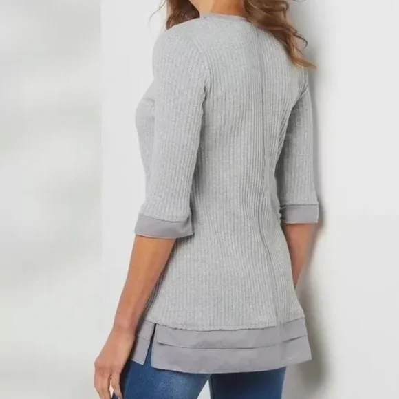 Surroundings Kanyin Gray V-Neck 3/4 Sleeve Stretch Cotton Tunic Top L - Picture 3 of 8